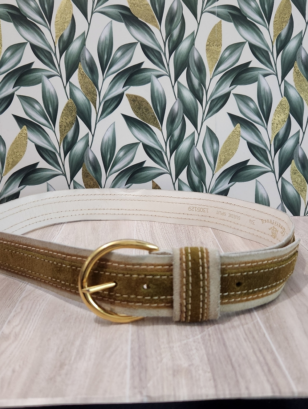 Vintage Canterbury Suede Leather Belt 34 Olive Green Cream Preppy Brass Buckle